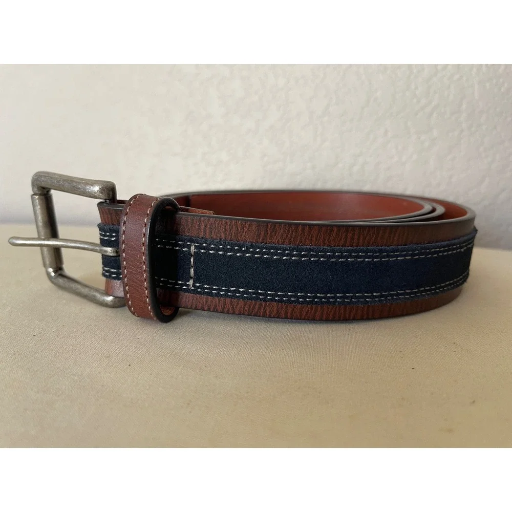 Johnston & Murphy Mens Leather Belt 44 Brown Suede Overlay Contrast Stitch Casua